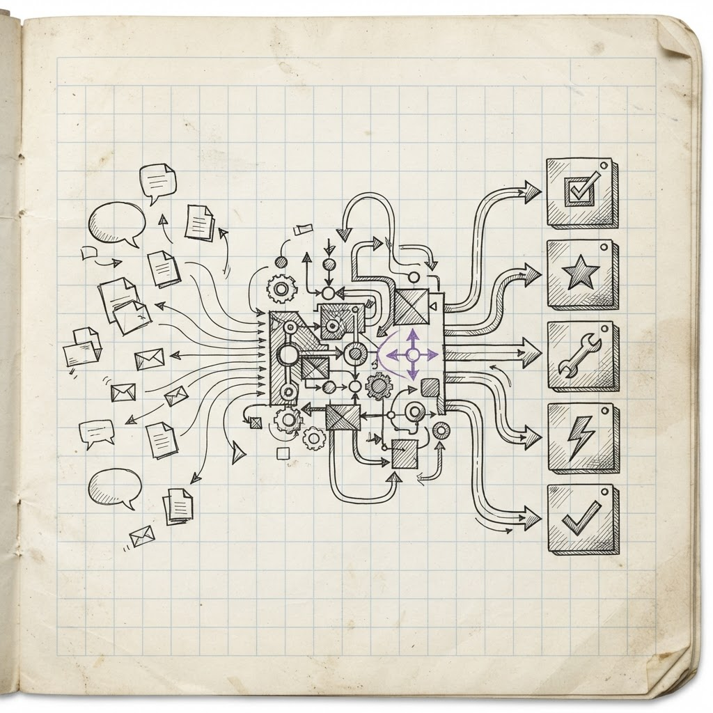 Sketch diagram of the AI-augmented requirements pipeline, from raw input to structured requirement statements