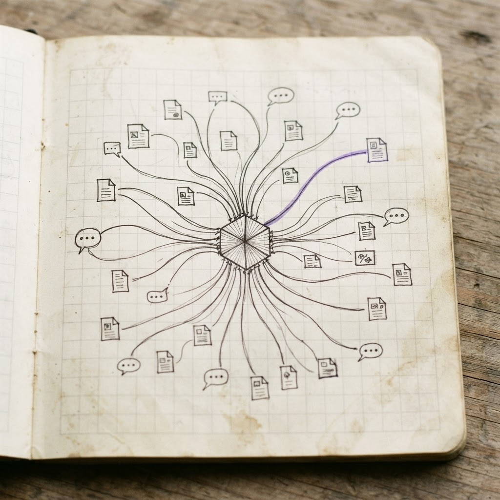 Hand-drawn traceability map linking requirements to source conversations and tickets