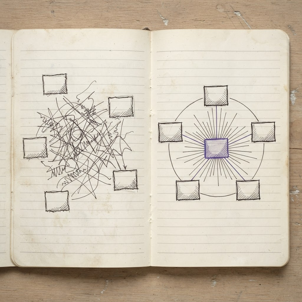 System map diagram showing five disconnected tools consolidating into one orchestration layer