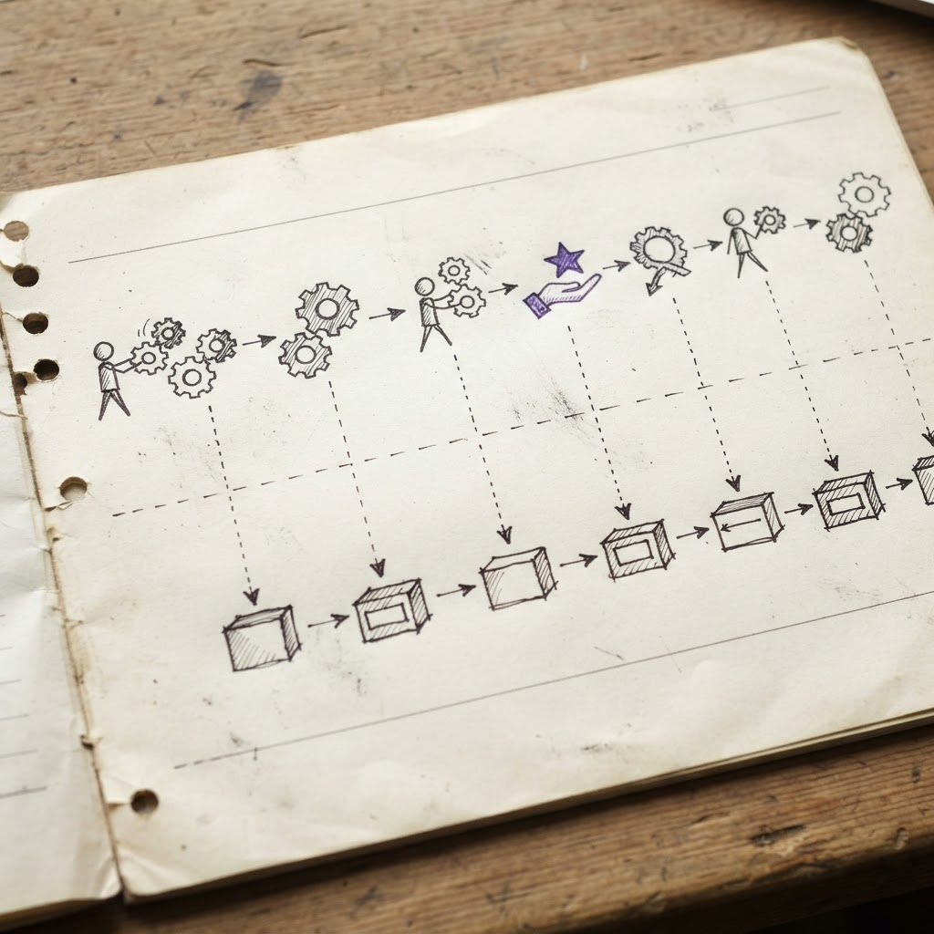 Service blueprint sketch mapping subscriber self-service journey against backstage systems